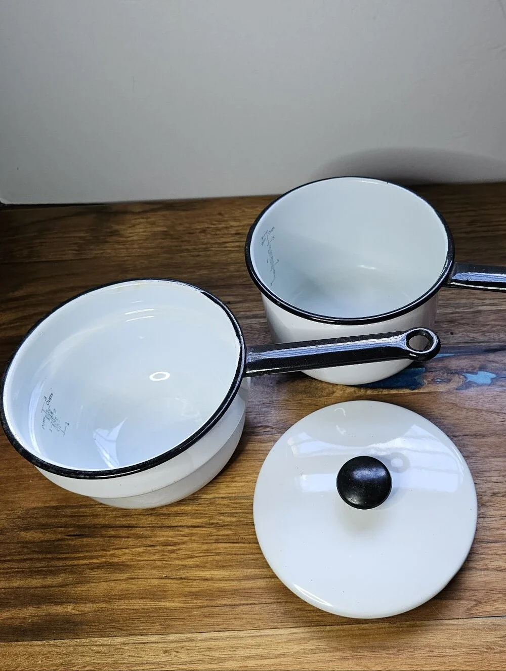 Vintage Vollrath Ware Enamel Double  Boiler 3 Piece Set White Black Trim